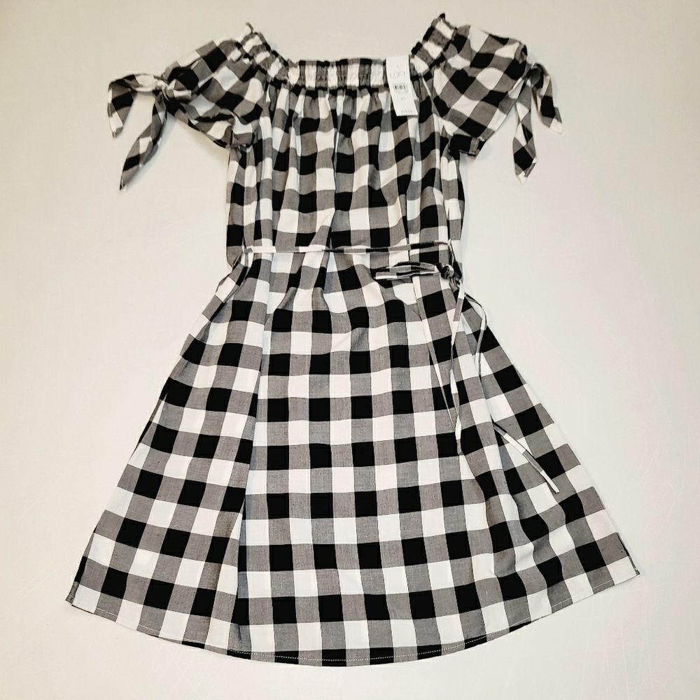 Loft Buffalo plaid dress tie sleeve, tie waist